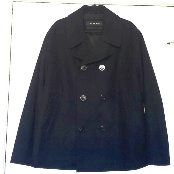 NWOT Zara Man Navy Wool Blend Double-breasted Peacoat - Picture 1 of 10